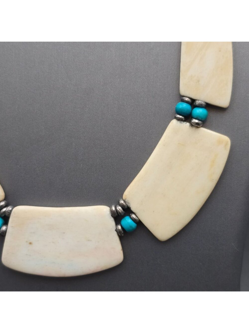 Vintage Southwestern Carved Bovine Bone Bib Statement Necklace 18" Blue Accents - Picture 2 of 13